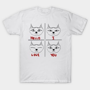 Hello I Love You cat - black lines T-Shirt